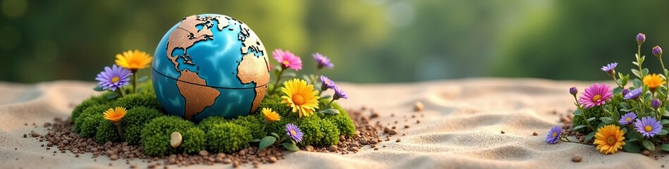 A globe of the world nestled in green moss with colorful flowers. Earth Day concept for environmental conservation and sustainability. Panoramic banner with copy space