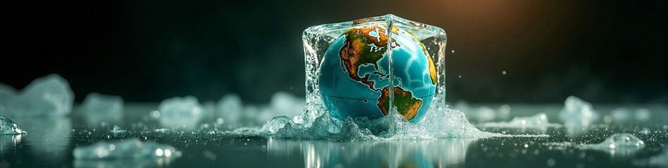 Planet Earth globe frozen in a melting ice cube. A concept for climate change and global warming. Earth Day environmental awareness banner