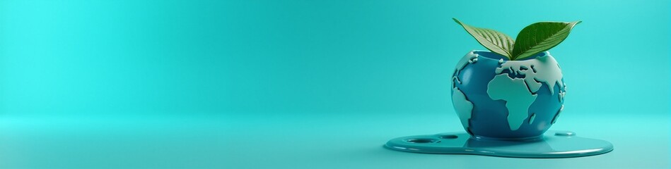 A melting globe with a green plant sprouting symbolizes hope amid climate change. Earth Day environmental conservation and sustainability concept. Panoramic banner with copy space