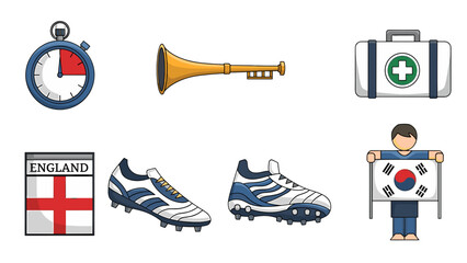 Naklejka premium A colorful vector graphic illustration of various sports and medical icons, including a first aid kit and soccer cleats.