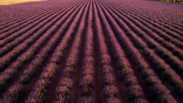 A steady, low-angle shot captures a vast lavender field during the golden hour. Perfectly parallel rows of purple flowers stretch toward the horizon, emphasizing deep texture and tranquil, cultivated