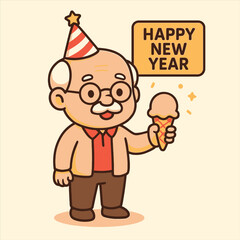 A cheerful elderly man wearing a party hat holds an ice cream cone with a Happy New Year sign, illustration in a flat vector design style with a joyful mood against a clean background.