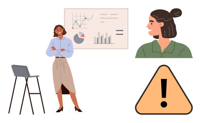 Fototapeta premium Business presentations, analytics, workplace education, safety awareness, team communication, management concepts. Woman standing by charts, head in profile warning sign. Workplace education