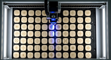 Laser engraver precisely etching intricate patterns onto rows of square cookies in a food production facility, showcasing modern technology and culinary precision.