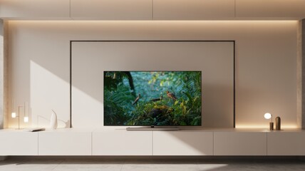 Modern flat screen television with vibrant nature scene in minimalist white living room with warm ambient lighting for home interior design