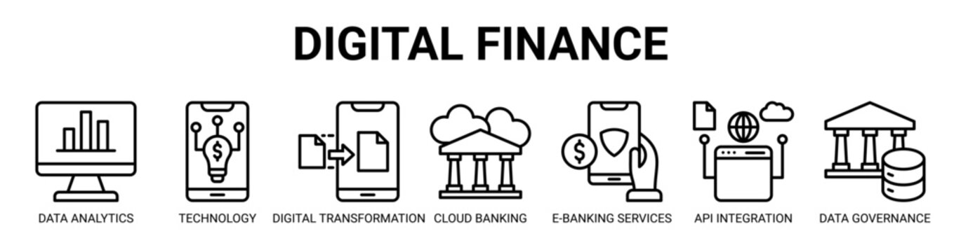 Digital Finance web banner icon vector illustration concept with icon of data analytics, financial technology, digital transformation, cloud banking, e-banking services, api integration, and more.