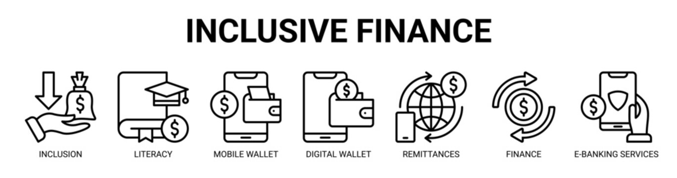 Inclusive Finance web banner icon vector illustration concept with icon of financial inclusion, literacy, mobile wallet app, digital wallet, remittances, sustainable finance, and e-banking services.