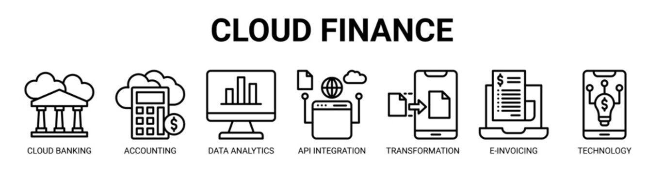 Cloud Finance web banner icon vector illustration concept with icon of cloud banking, cloud accounting, data analytics, api integration, digital transformation, e-invoicing, and financial technology.