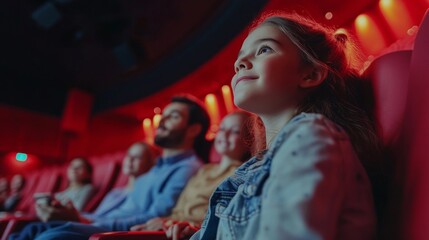 Obraz premium Little girl sitting with family and friends during a film screening