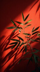 Bamboo Leaves Against a Red Wall with Shadows