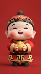 Happy Cartoon Character Holding Gold Ingots