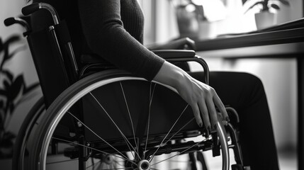 Obraz premium Photograph of an individual seated in a wheel chair with wheels turning over a blurred background, indicating motion or activity.