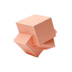 Abstract sculpture: geometric interlocking cubes of peach color with white edges on a white background, modern art, conceptual design