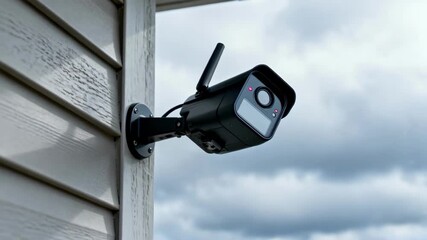 Medium shot showcasing a weatherresistant outdoor surveillance camera attached to a homes exterior wall during a cloudy day.