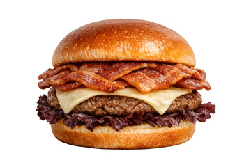 Juicy bacon cheeseburger with melted cheese and fresh lettuce on a golden brioche bun, transparent background