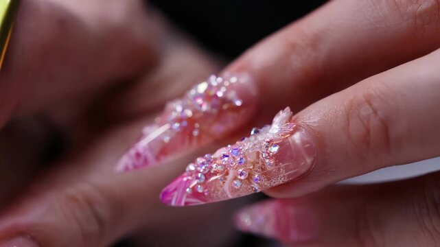 Closeup of hands applying intricate 3Dprinted gem decorations to nails highlighting sparkling embellishments and precise placement techniques.