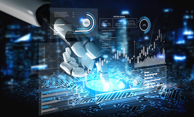 Fototapeta premium AI analyzing sales data dashboard, visualizing performance metrics, detecting trends, and generating insights to improve financial outcomes and strategic planning. Vouch