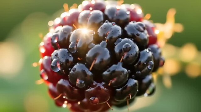 Close up of a ripe blackberry on a green blurred background.