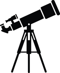 Minimal vector silhouette, telescope on tripod pointed toward sky, side profile, solid black, crisp edges, isolated on white