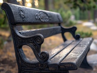 A vintage-style wooden and wrought iron park bench situated among trees with a hint of the sun peeking through.