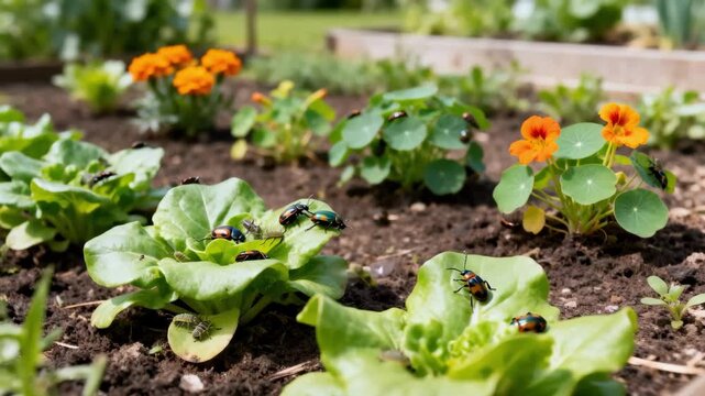 Medium shot displaying a garden with strategically placed decoy plants that attract pests away emphasizing natural pest deterrence techniques.