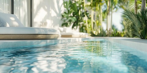 Serene resort pool with clear blue water and white cushioned loungers, set against the backdrop of a palm-fringed beach under a bright sky.