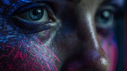 Naklejka premium close-ups of a woman's face with futuristic neon lights