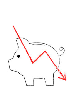 Hand-drawn piggy bank outline with declining red arrow chart illustration. Financial loss and economic decline. Perfect for finance, business, economics, financial risk graphics and presentations. PNG