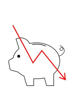 Minimal piggy bank outline with declining red arrow chart illustration. Financial loss and economic decline. Perfect for finance, business, economics, financial risk graphics and presentations. PNG