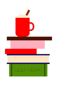 Stacked books with red mug illustration. Perfect for reading, literature, education, and cozy lifestyle design projects and promotional graphics. Minimal vector illustration, transparent PNG