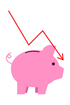 Piggy bank with downward loss arrow illustration. Financial risk and savings deprivation. Perfect for finance, investment, wealth building, stock market, business success graphics. High-res PNG