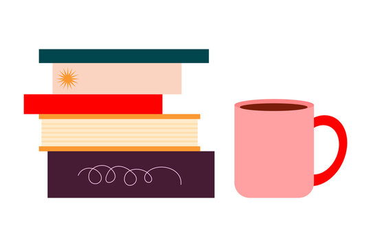 Stacked books with coffee mug illustration featuring colorful book spines and hot beverage. Perfect for reading, literature, education, and cozy lifestyle design projects and promotional graphics.