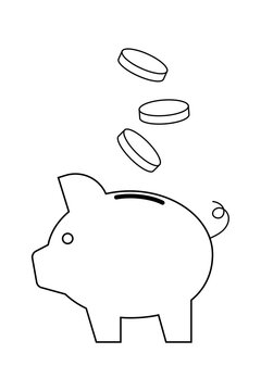 Hand-drawn piggy bank with coins line art illustration. Simple outline design perfect for savings, finance, money management, investment, and financial literacy graphics and educational materials. PNG