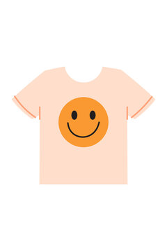 Smiley face t-shirt illustration featuring cheerful orange emoticon on peach colored shirt. Perfect for fashion, casual wear, merchandise design, and positive lifestyle graphics