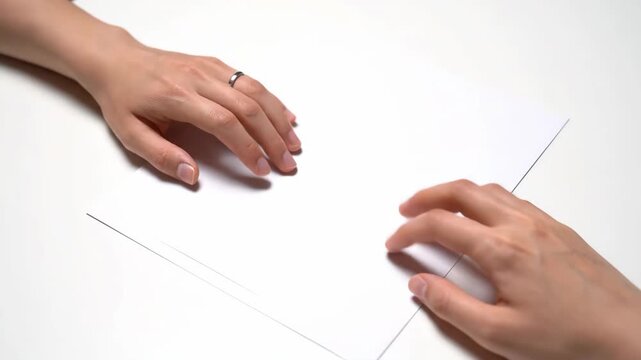 Blank paper sheet on white table with hand shadow, top angle