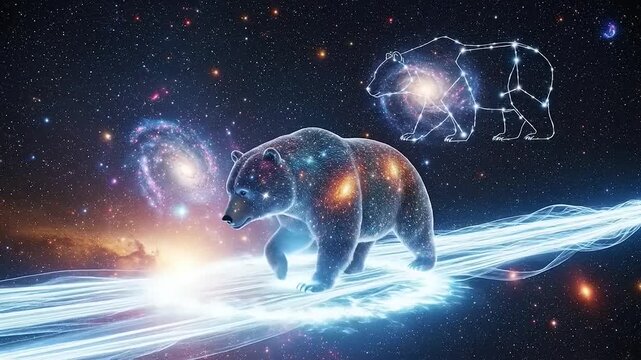Cosmic Bear Navigating Nebula Streams and Constellation.