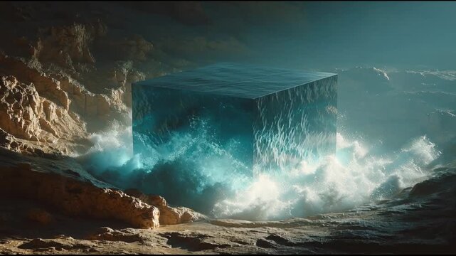Surreal Giant Cube Of Ocean Water Floating In Dry Desert Video