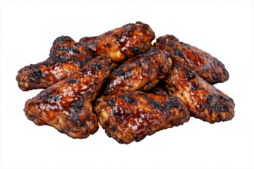 Glazed barbecue chicken wings with grill marks, savory appetizer, fast food snack on transparent background