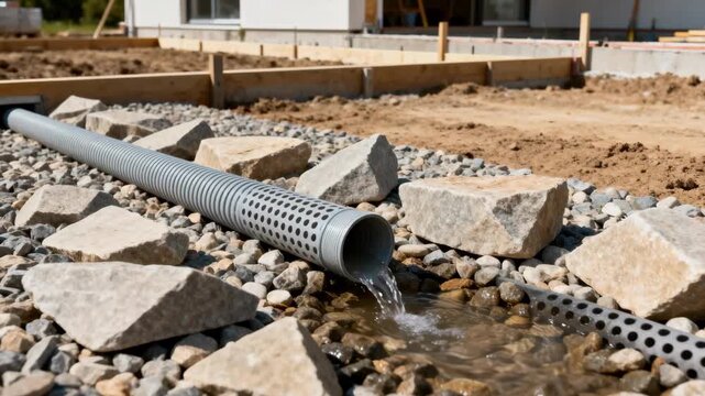 Medium shot of installation of a French drain with gravel and perforated pipe designed to redirect surface water away from a building foundation.