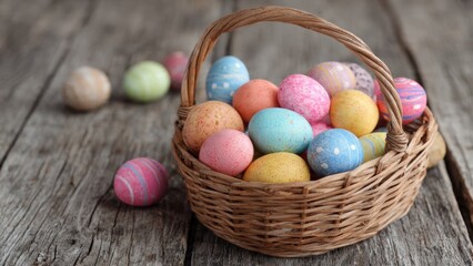 Fototapeta premium Colorful easter eggs in wicker basket on rustic wooden table for seasonal decoration