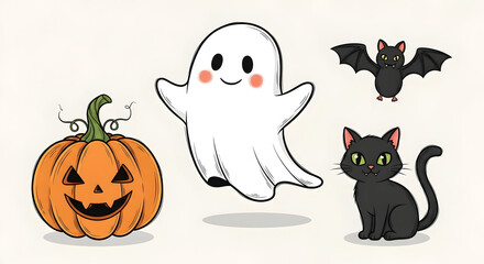 Fototapeta premium Halloween icons including a ghost jack o lantern bat and black cat