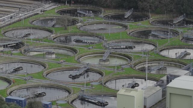 Aerial view of large sewage treatment plant in the United Kingdom
