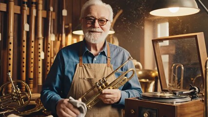 Skilled craftsman proudly holding a shiny brass trumpet in his workshop with musical instruments in the background