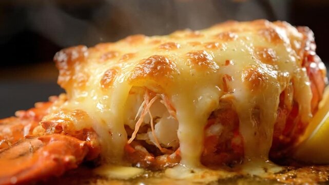 Close-up of a delicious baked lobster tail covered in melted golden cheese, served hot.