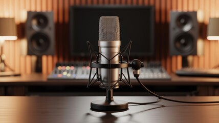 Professional Silver Microphone in Modern Recording Studio with Warm Lighting and Wooden Texture for Music Production