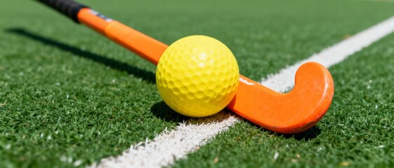 Field hockey ball and stick on green turf. Close up of yellow dimpled ball and orange equipment on artificial grass pitch near white line. Sport concept