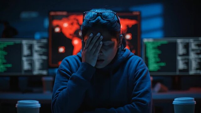 A cyber warfare expert analyzes global threats on multiple screens in a dark control room