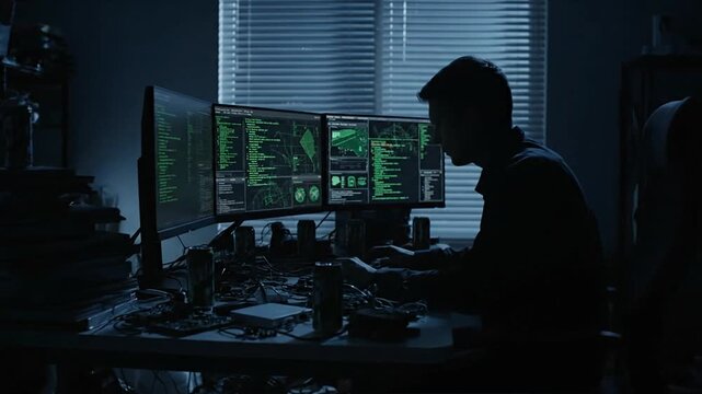 A person engaged in cyber warfare sits at a desk with multiple monitors displaying green code in a darkened room