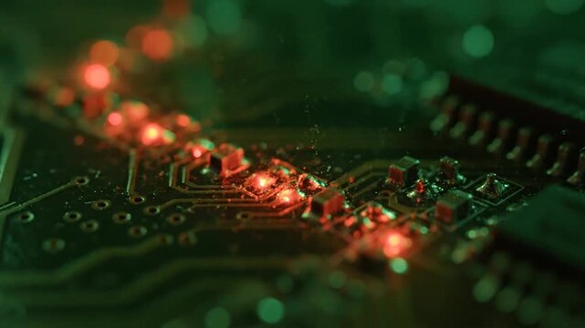 Cyber warfare technology illuminated on circuit board with glowing red lights and complex electronic components