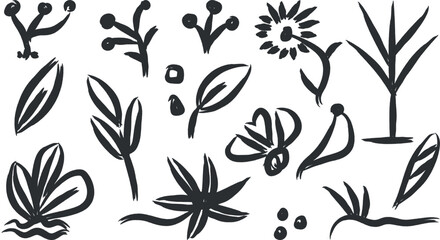 Fototapeta premium Set of simple hand-drawn floral doodles, leaves and plant elements isolated on white background